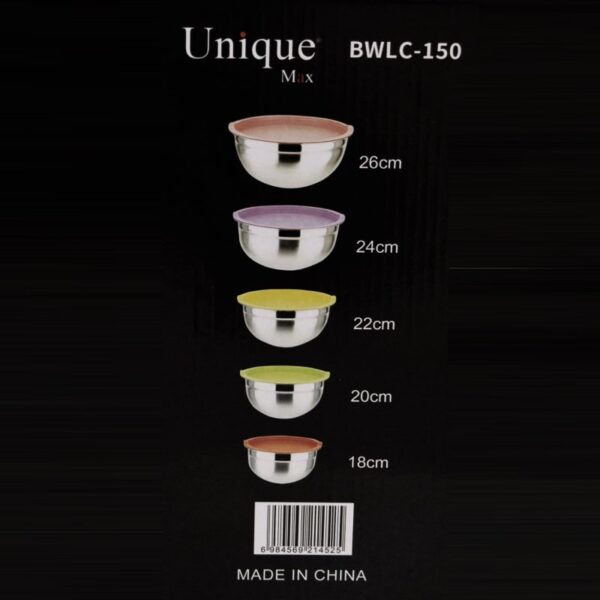 سرویس کاسه استیل درب رنگی 5 تکه یونیک مدل BWLC-150